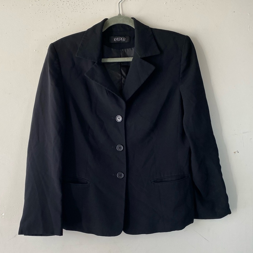 KASPER Black Blazer Jacket Medium 90s Minimalist Dark Academia Office Siren Goth - Picture 4 of 7
